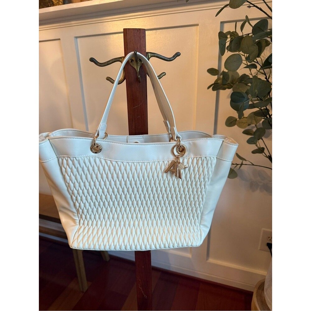 Anne Klein Cream Quilted Tote with Gold Charm NWT